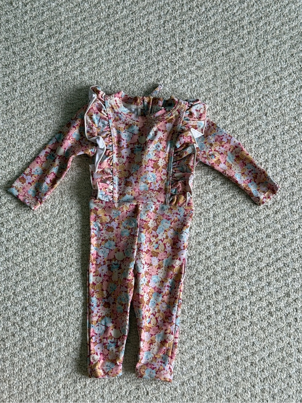 Designer Floral Ruffle Long-Sleeve Full Coverage Swim Suit- Pink Multi
